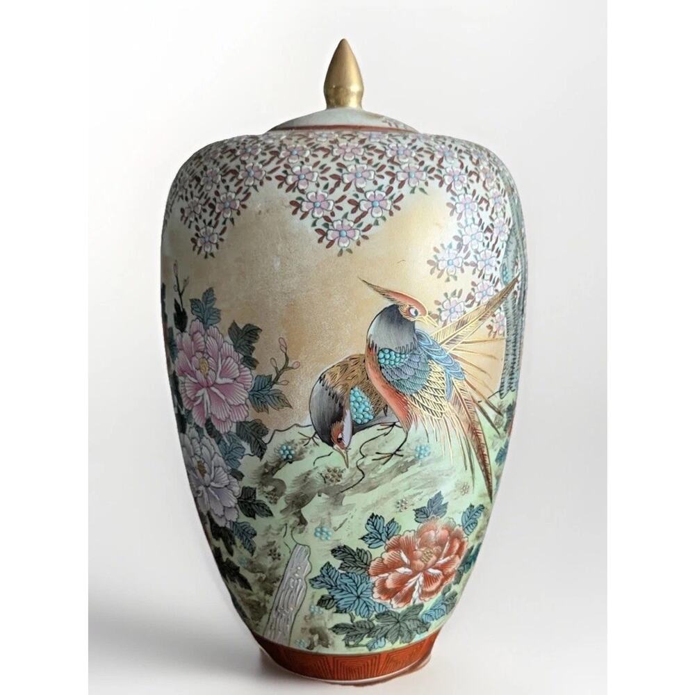 Antique Satsuma Moriage Koshida Meiping vase floral Pheasants Lid Jar Kutani Vtg